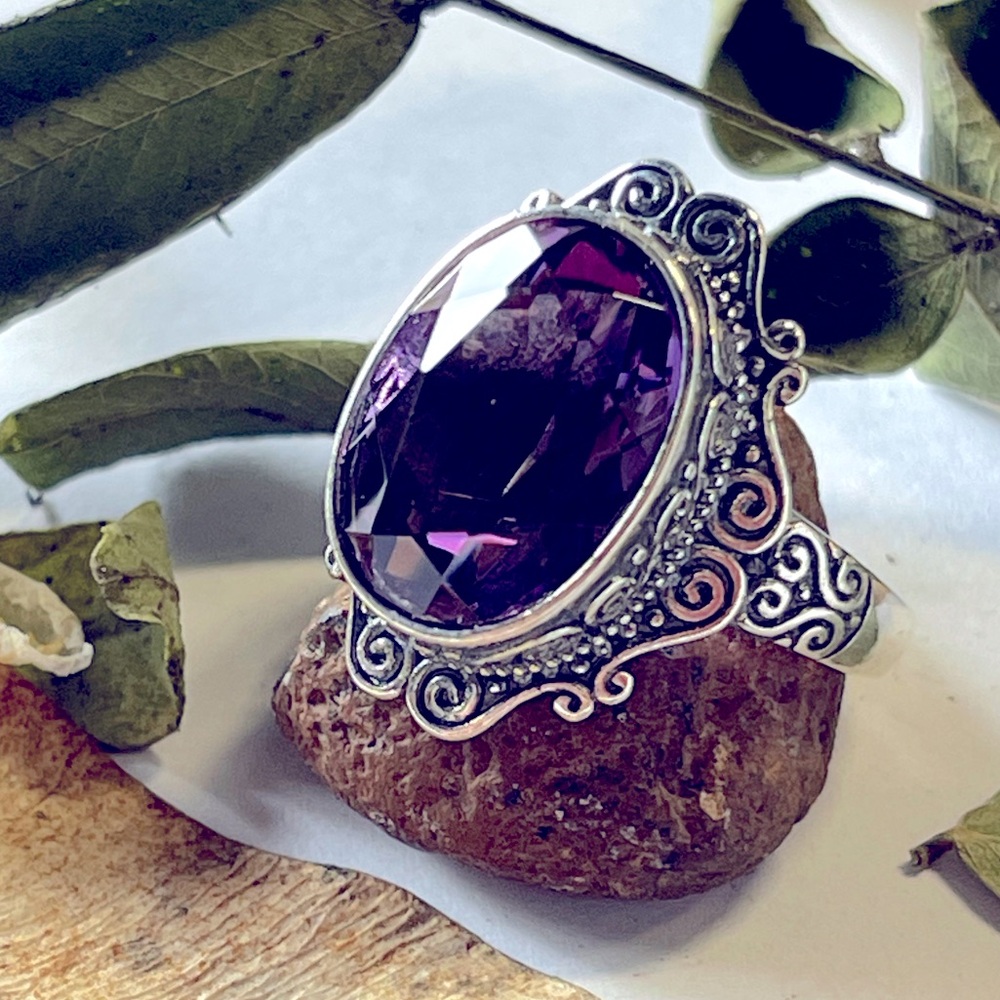 Natural Amethyst S925 Sterling Sliver Ring Crystal Gemstone